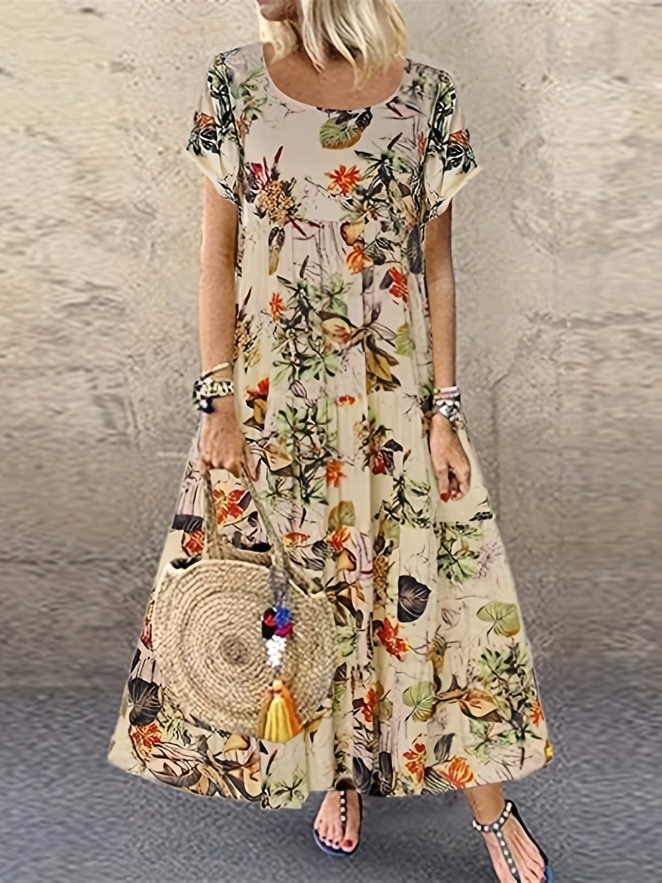 Women's Plus Floral Print Maxi Dress Short Sleeve Round Neck