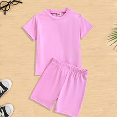 Girls 2pcs T shirt & Elastic Waist Shorts Set Solid Comfy Short Sleeve