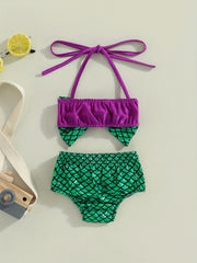 Baby Girls Mermaid Bow Swimsuit Sets Halter Neck Tops & Bottoms