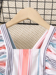 Toddler Girls Ruffle Trim Striped Overall Jumpsuits