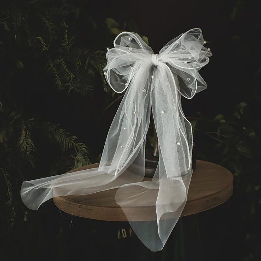 Bridal Veil with Pearl Bow Tulle Wedding Dress Accessory