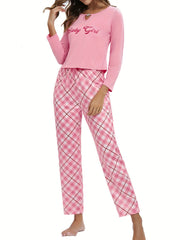 Letter Print Lounge Set Long Sleeve Crew Neck Top & Plaid Pants