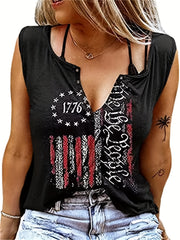 Women's Flag Print Tank Top V-Neck Sleeveless Casual Top