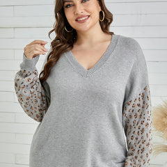 Leopard Print V Neck Long Sleeve Sweater Women's Plus Casual Sweater