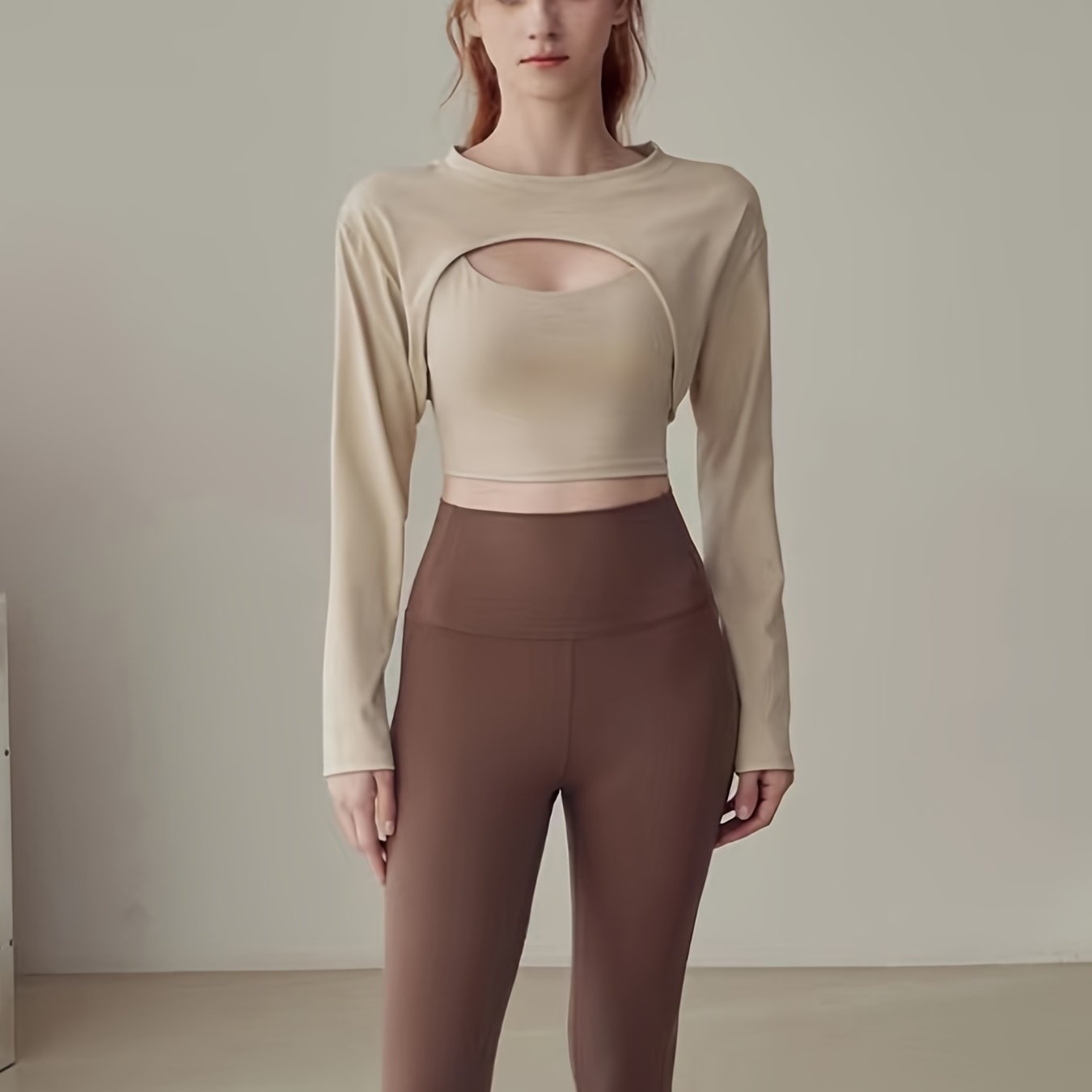 2pcs Crew Neck Long Sleeve Cover Up Shrug & Crop Tank Top