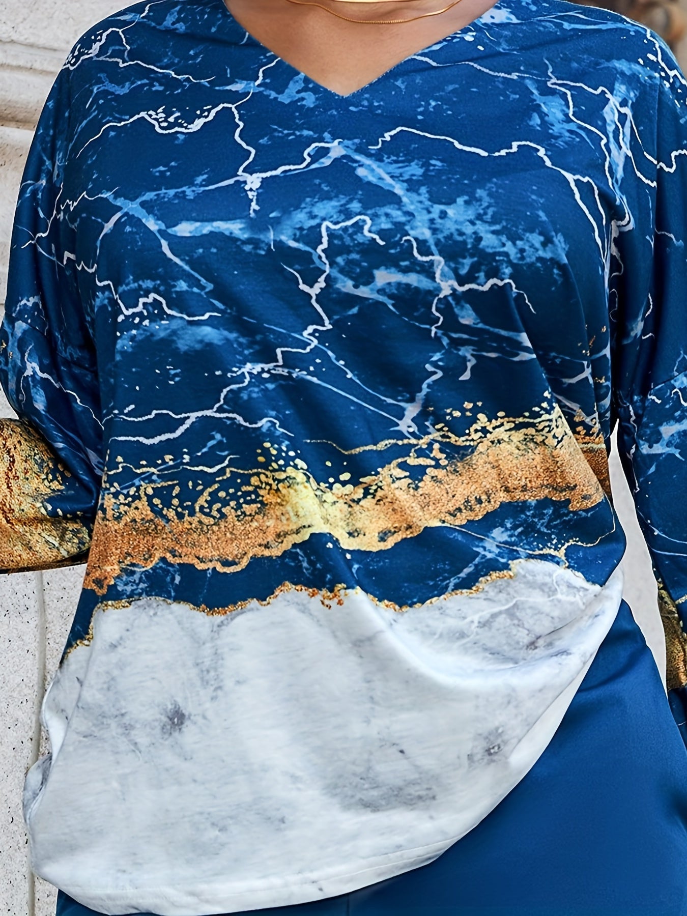 Women's Plus Marble Print Top & Pants Outfits Set