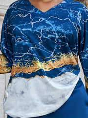 Women's Plus Marble Print Top & Pants Outfits Set