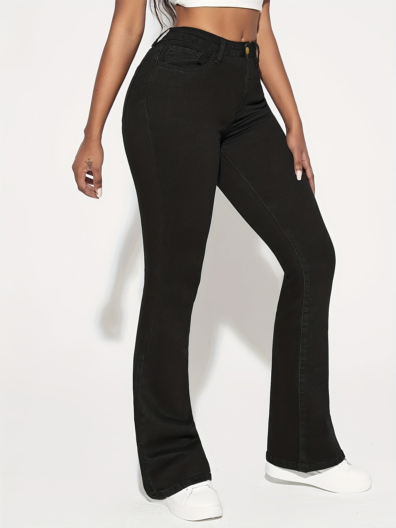 High Waist Flared Jeans High Rise Bell Bottom Slash Pockets