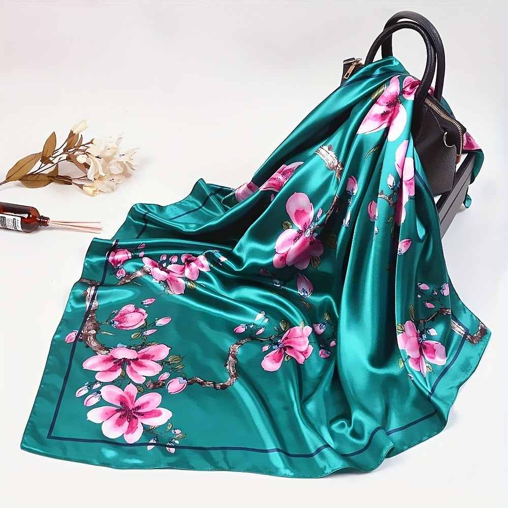 Peach Blossom Print Silk Bandana Satin Scarf for Women