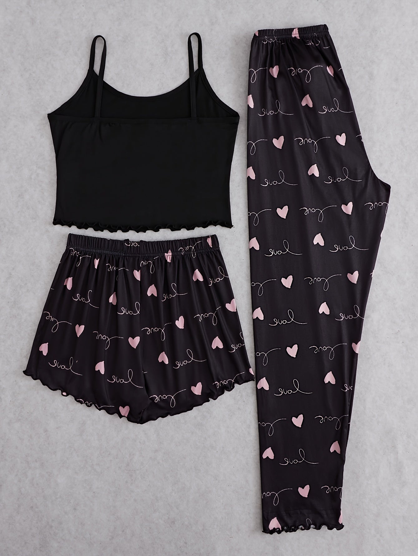 Heart Print Pajama Set Cami Top & Shorts & Pants
