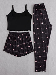 Heart Print Pajama Set Cami Top & Shorts & Pants