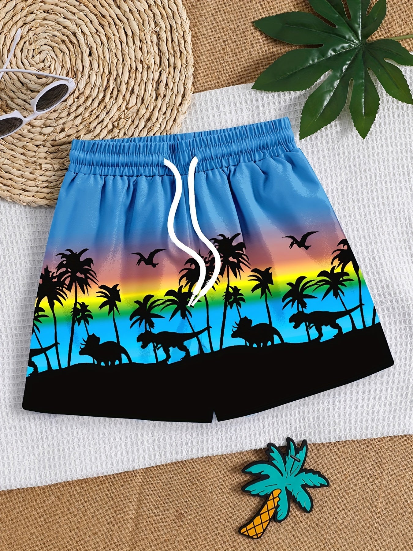 Boys Swim Trunks Coconut Trees Dinosaur Print Elastic Waist Drawstring