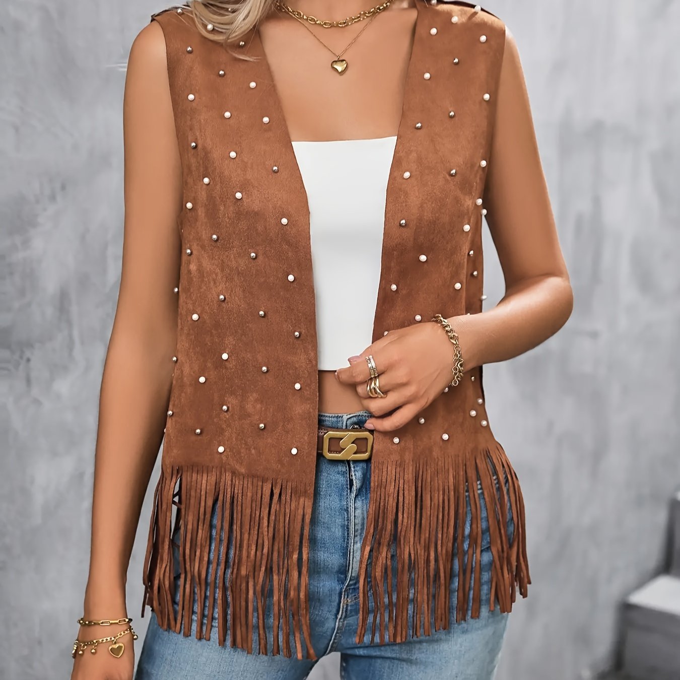 Casual Cardigan w/ Faux Pearl Decor Faux Suede Fringe Trim