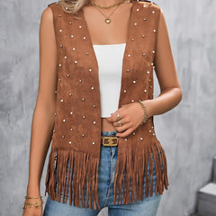 Casual Cardigan w/ Faux Pearl Decor Faux Suede Fringe Trim