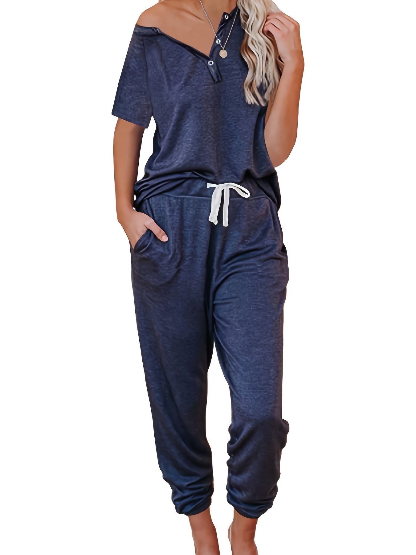 Casual Solid 2pc Set Short Sleeve Button T-shirt & Drawstring Pants