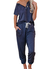 Casual Solid 2pc Set Short Sleeve Button T-shirt & Drawstring Pants