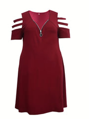 Solid Zipper Cut Out V Neck Dress With Pockets
