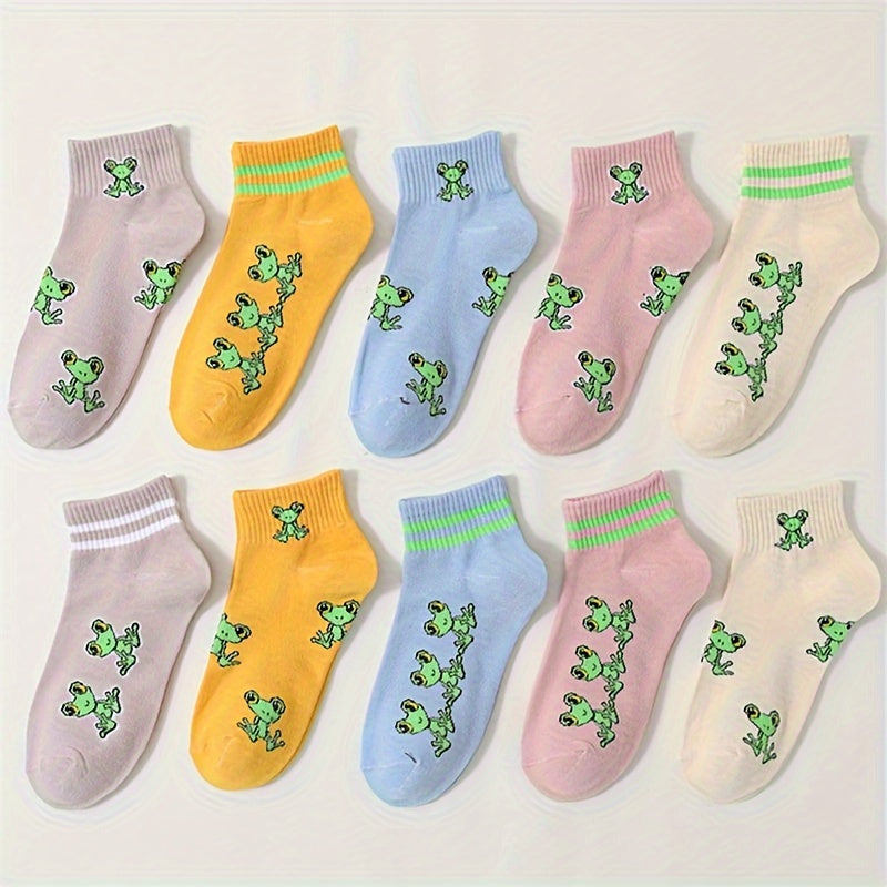 10 Pairs Cartoon Frog Print Socks Comfy & Short Women's Stockings