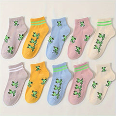 10 Pairs Cartoon Frog Print Socks Comfy & Short Women's Stockings