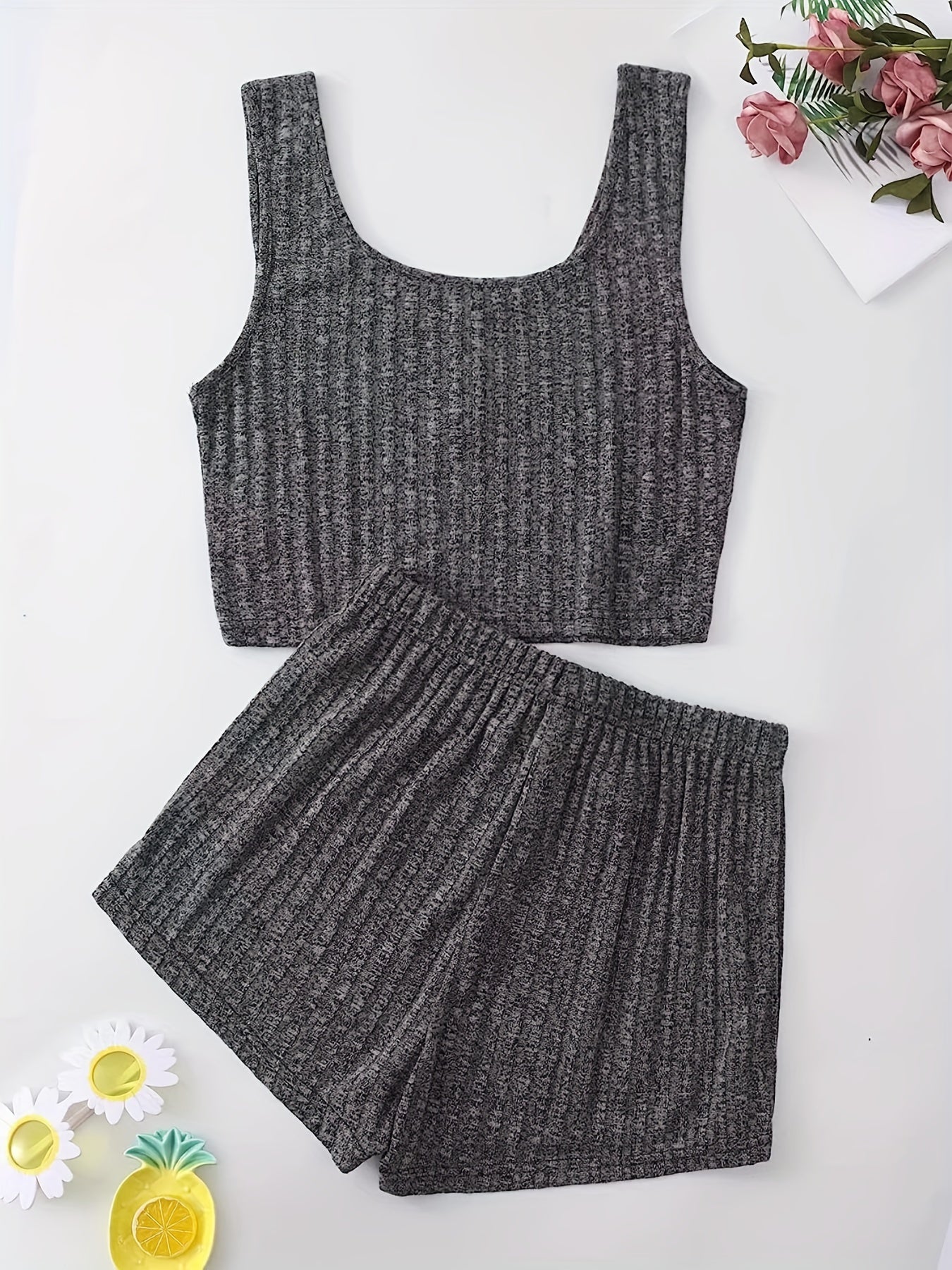 Ribbed Knit Tank Top & Shorts Set - Home Wear