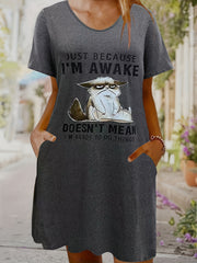 Slogan & Cartoon Cat Print Tee Dress With Pockets