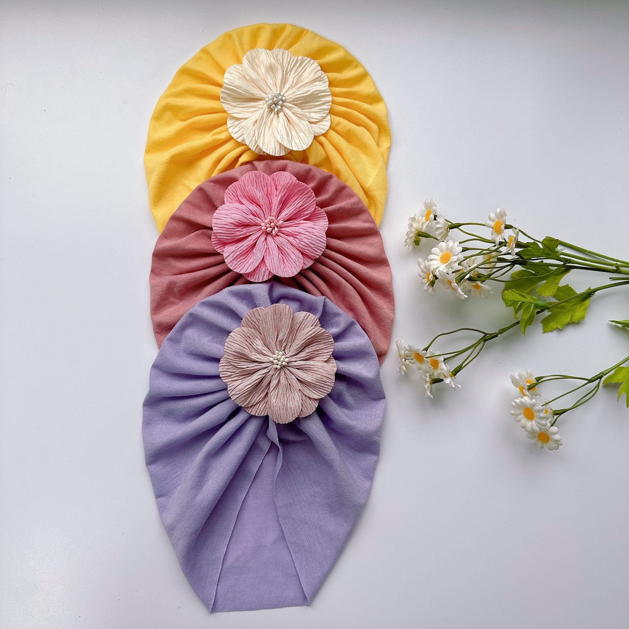 Baby Girls Soft Turban Head Wrap with Flowers - Breathable Hair Accessory