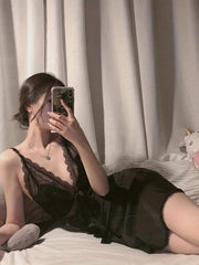 Lace Satin Nightdress Deep V Backless Sleepwear