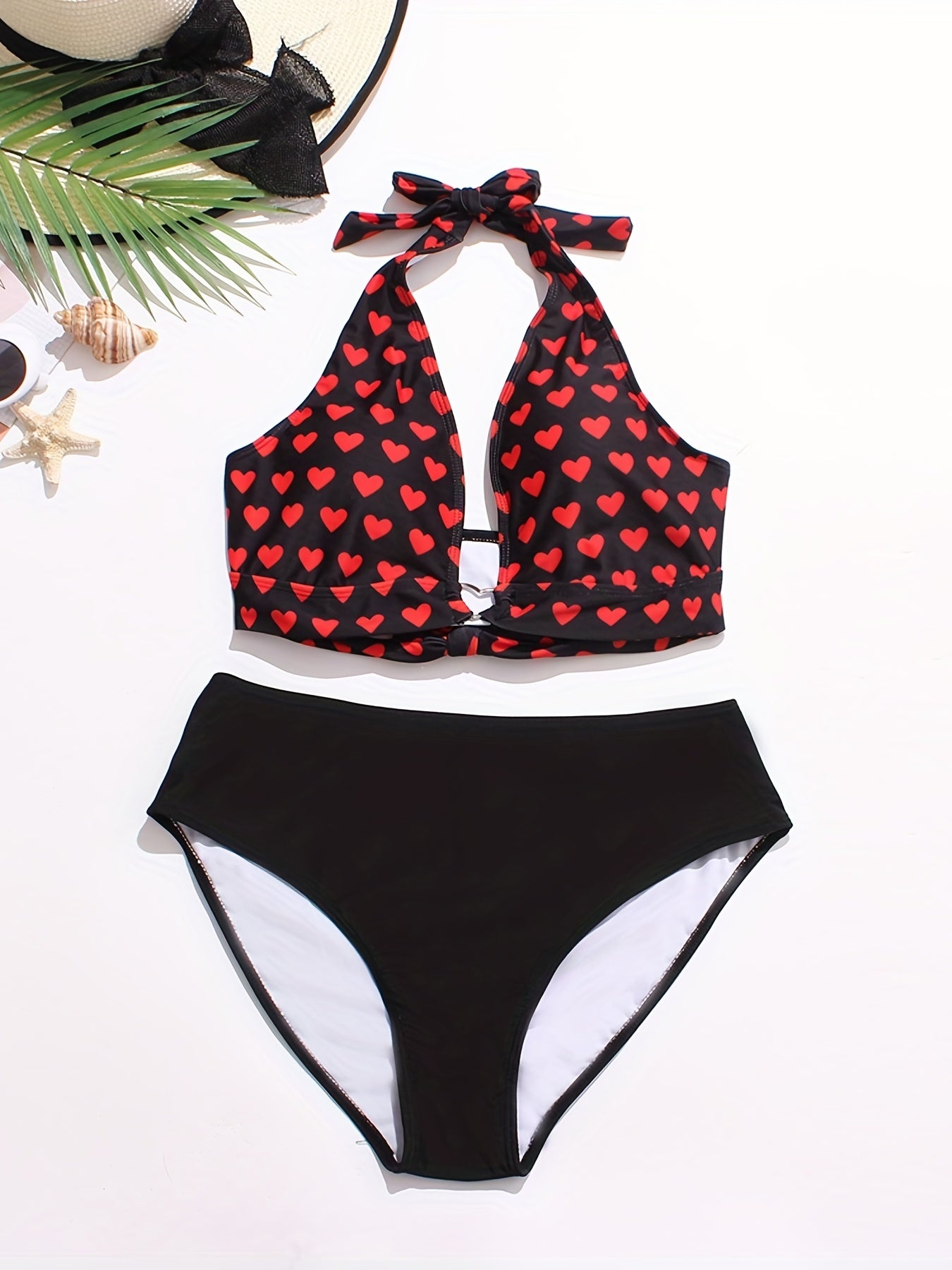 Heart Print Knot Front Heart Ring Top & Panty 2pcs Swimsuit Set