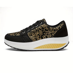 Floral Pattern Wedge Sneakers Lace Up Thick Sole Walking Shoes