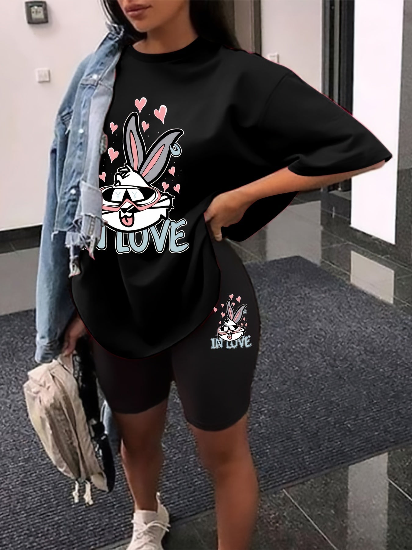 Plus Size Rabbit Print Tee & Biker Shorts Set Plus Stretch 2pcs Outfits