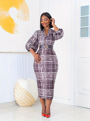 Plaid Print Lantern Sleeve Casual Dress