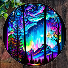 Aurora Forest Mountain Night View Suncatcher