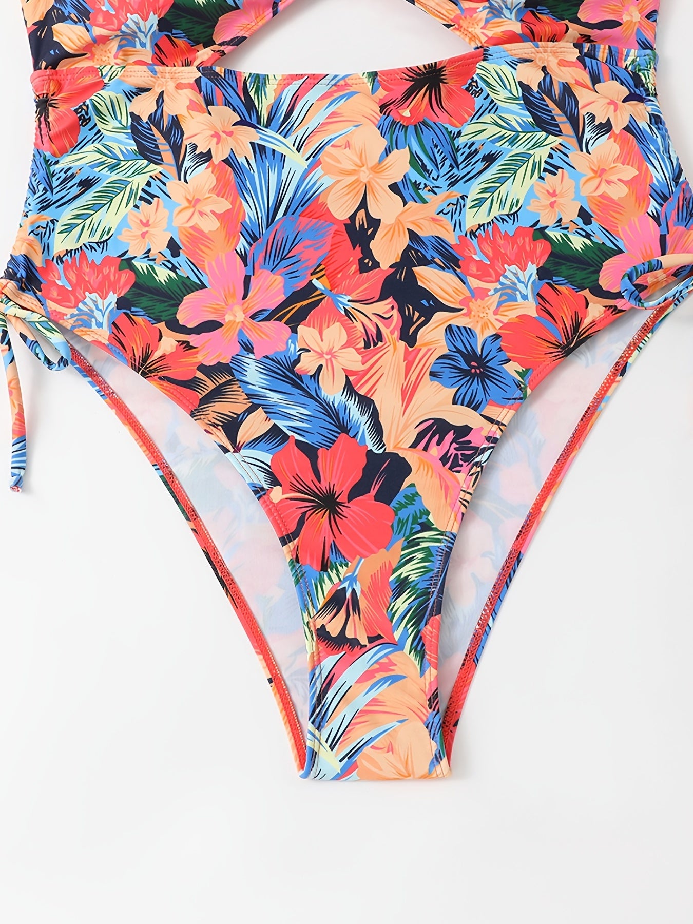 Tropical Print Side Drawstring Cut Out One Piece Beachwear Swimsuit