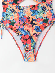 Tropical Print Side Drawstring Cut Out One Piece Beachwear Swimsuit