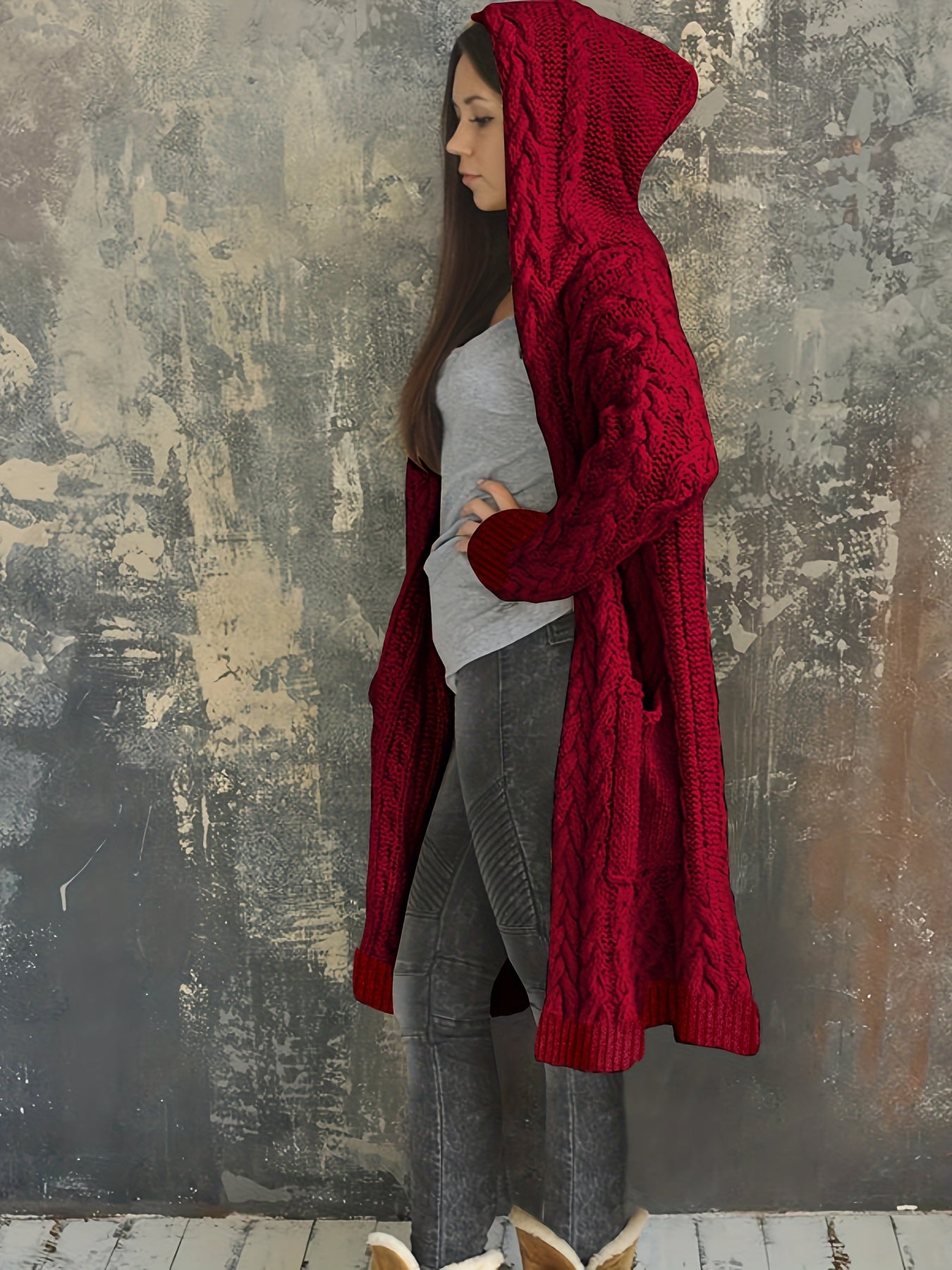 Chunky Knit Hooded Cardigan Long Open Front Sweater