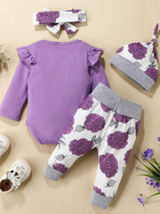 4pcs Baby Letter Flower Print Outfit Set for Girls