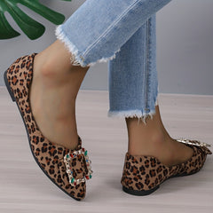 Women's Rhinestone Point Toe Slip On Leopard Print Flats