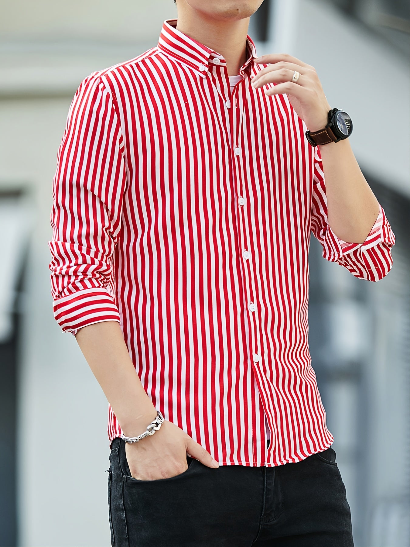 Men's Striped Long Sleeve Shirt Slim Business Casual Button Down