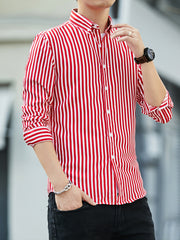 Men's Striped Long Sleeve Shirt Slim Business Casual Button Down