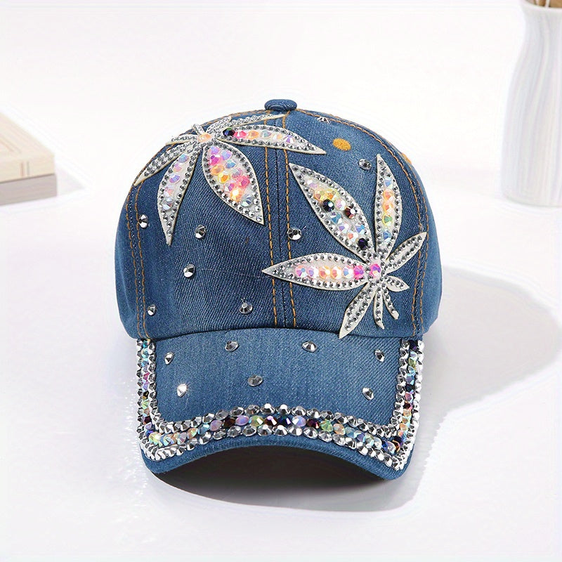 Rhinestone Leaf Patch Baseball Cap Denim Washed Sun Hats
