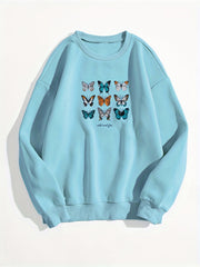 Butterfly Print Pullover Sweatshirt Long Sleeve Crew Neck for Fall & Winter