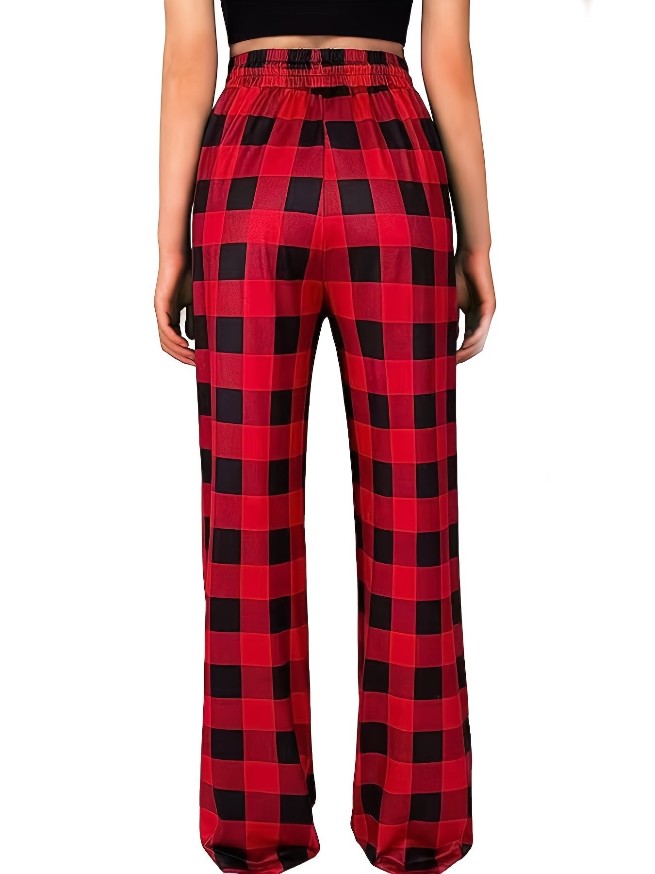 Plaid Print Drawstring High Rise Stretch Trousers With Pockets