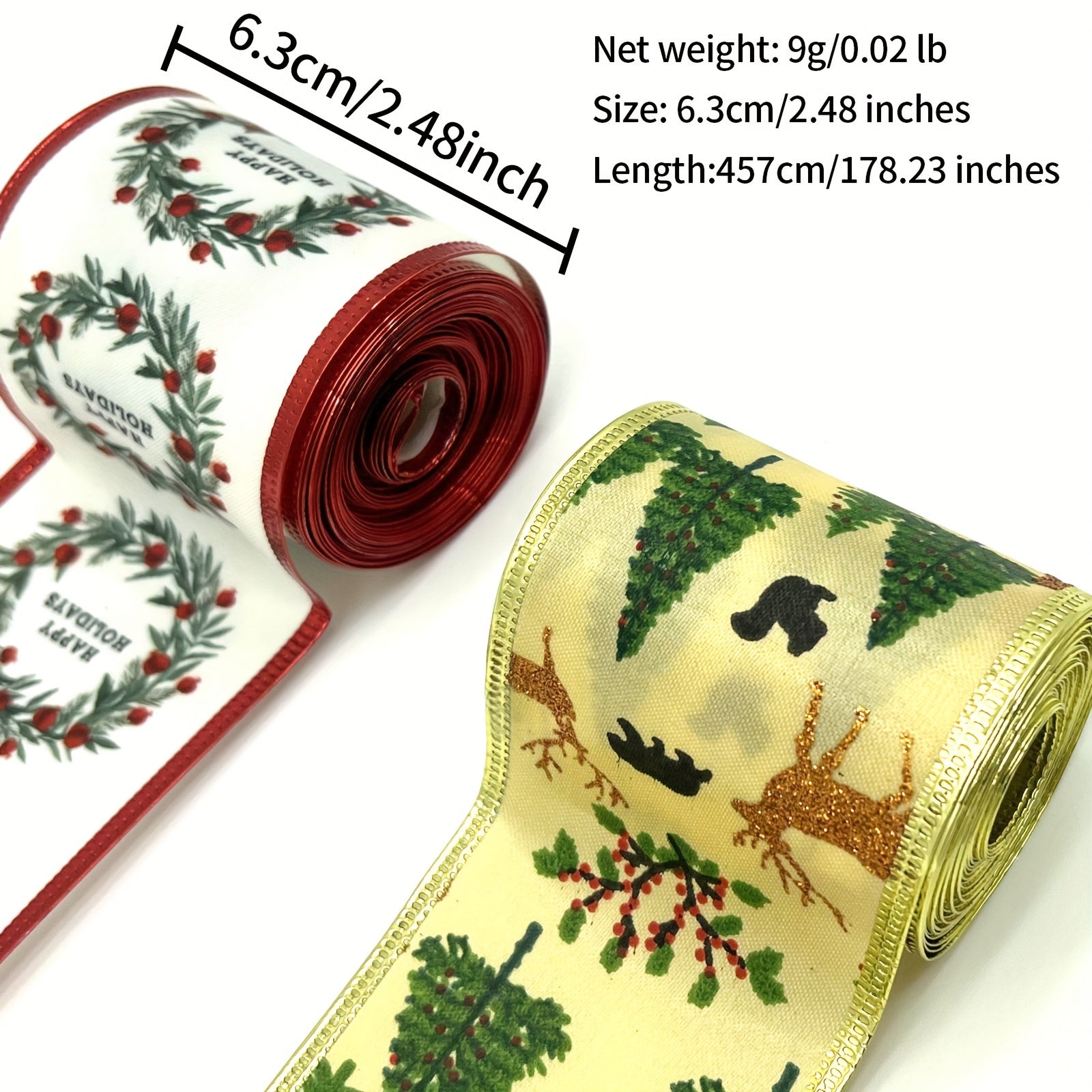 4 57 Meter Christmas Tree Elk Wired Ribbon Happy Holidays Pattern
