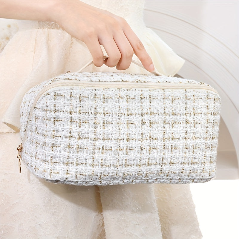 Plaid Pattern Cosmetic Bag, Large Capacity Travel Makeup Bag, Flat Lay Organizer