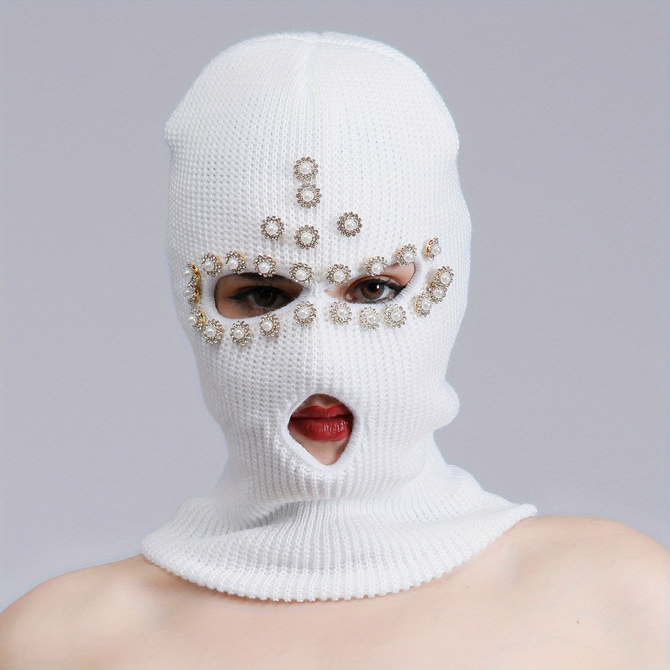 Faux Pearl Rhinestone Balaclava Hip Hop Ski Mask Y2K Knit Hat Neck Gaiter