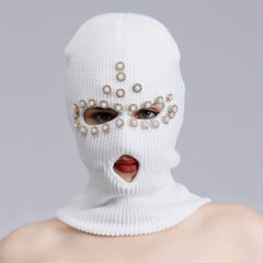Faux Pearl Rhinestone Balaclava Hip Hop Ski Mask Y2K Knit Hat Neck Gaiter