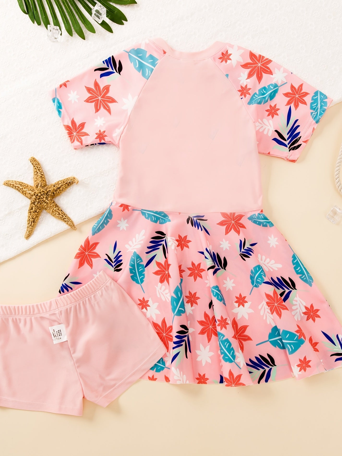 Girls Leaf Print Dress & Shorts Swimsuit Set