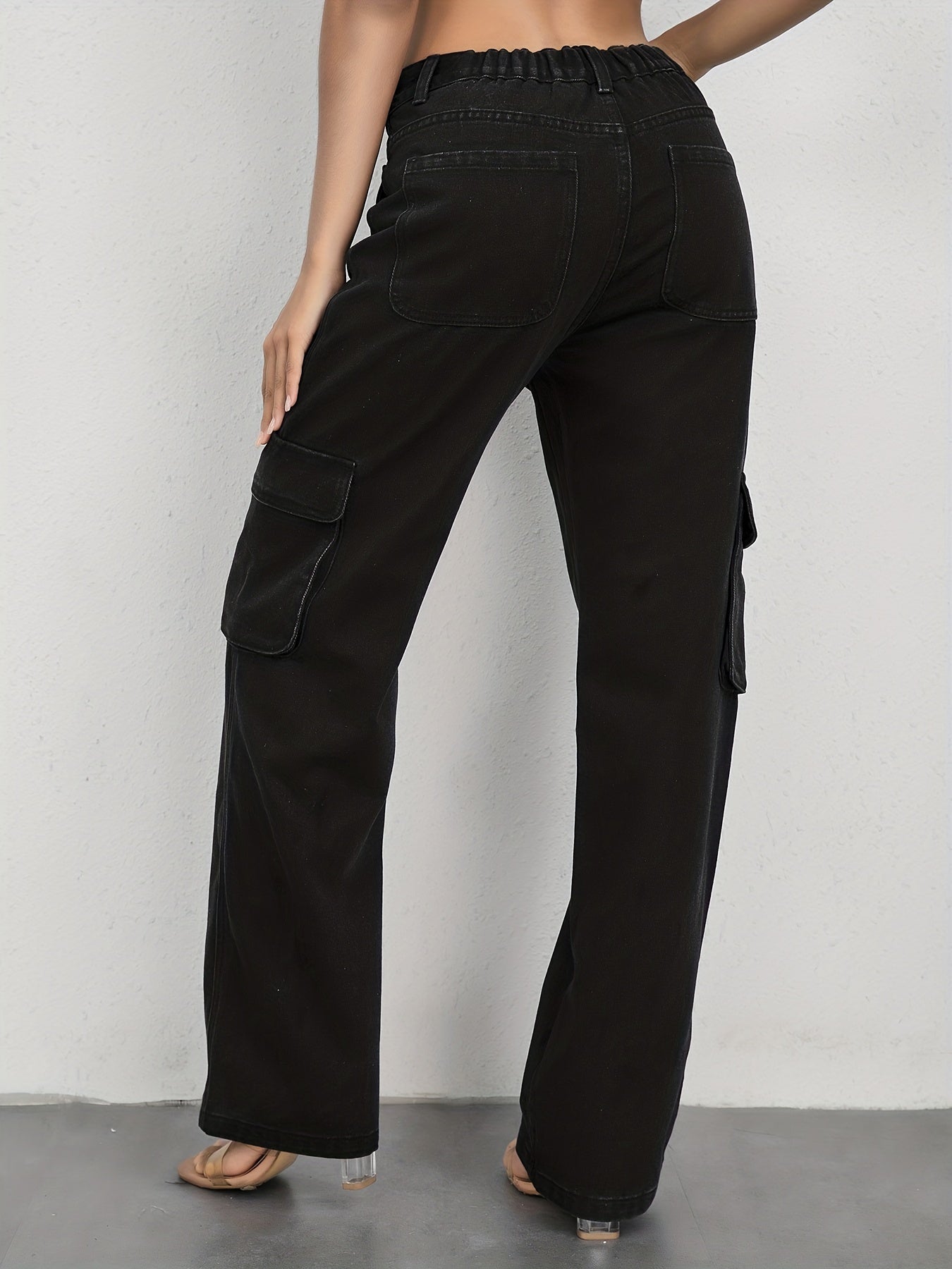 Flap Pockets Straight Jeans Loose Fit Non Stretch Cargo Denim Pants
