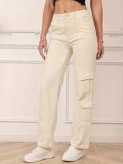 Apricot Flap Pockets Cargo Pants Loose Fit Straight Legs Non Stretch Denim Pants