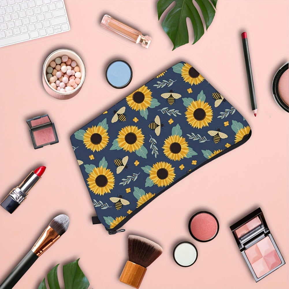 Sunflower Bee Waterproof Makeup Bag Toiletry Pouch Women Travel Accessory